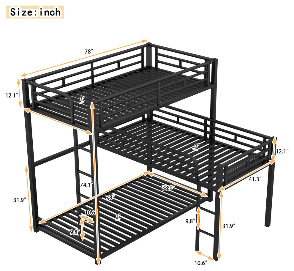 Gewnee L-shaped Metal Triple Twin Size Bunk Bed in Black