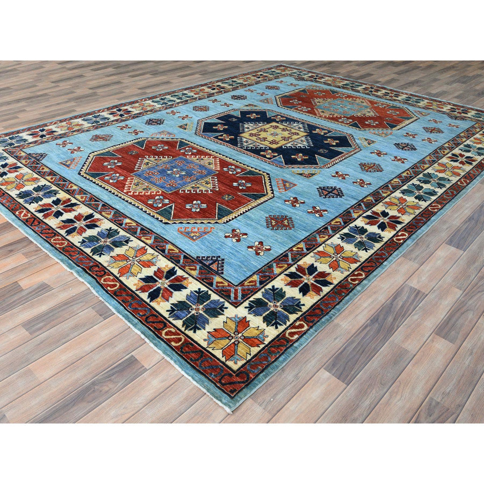 Sky Blue, Caucasian Design 200 KPSI Wool Hand Knotted Oriental Rug, 9'x11'8"