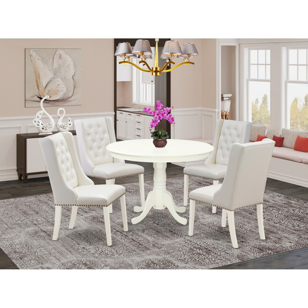5Pc Dinette Set, 1 Pedestal Table, 4 Light Grey Kitchen Chairs, Linen White
