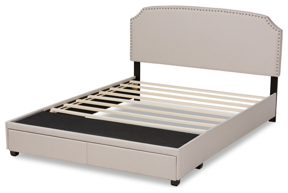 Beige Fabric Upholstered 2-Drawer King Size Platform Storage Bed