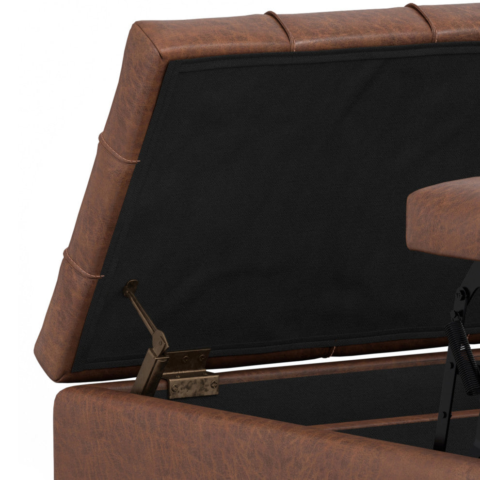Laura Mid Century Lift Top Storage Ottoman, Distressed Saddle Brown