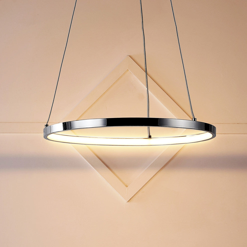 Circulo Metal Round Modern LED Pendant, Chrome, Width: 15.75"