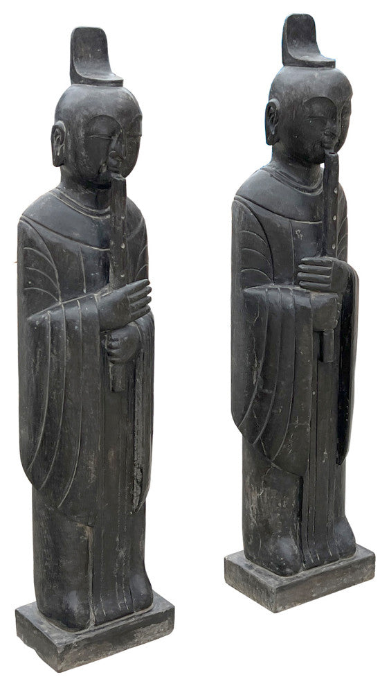 Pair Chinese Black Gray Stone Standing Zen Harmony Decor Statues Hcs7647