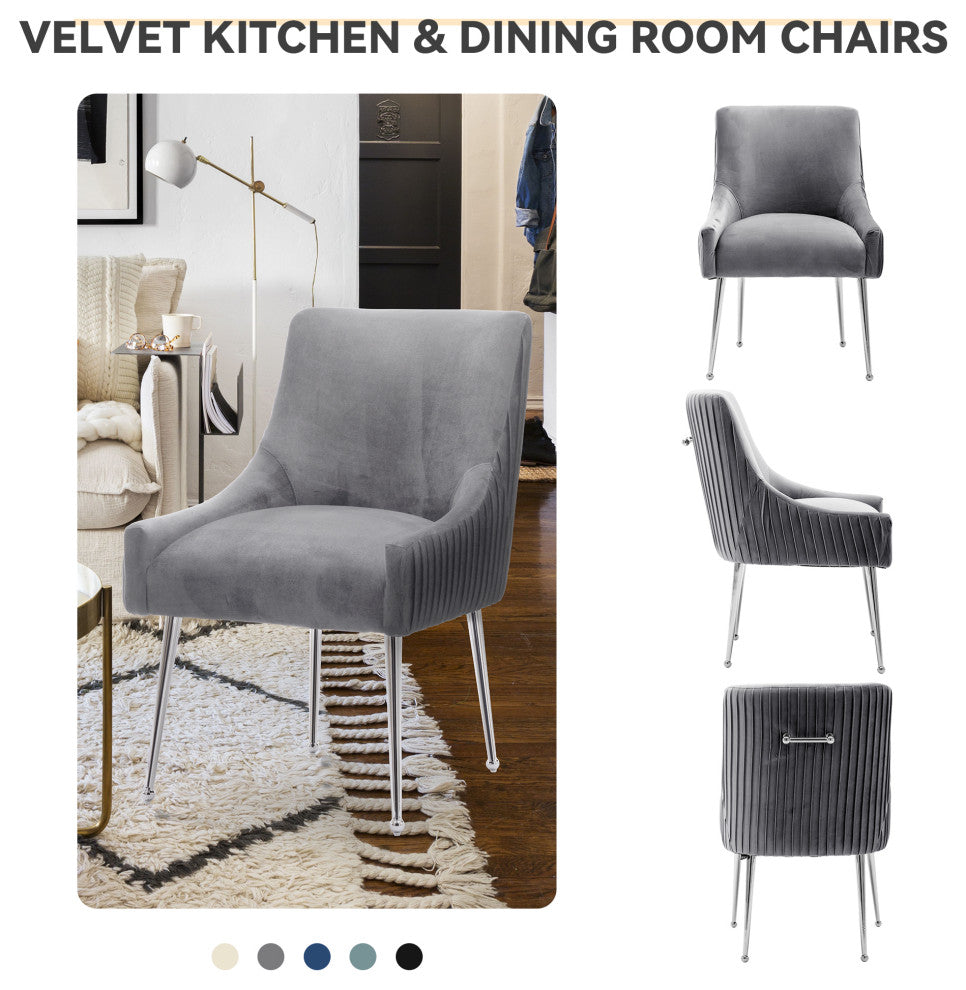 Pleated Velvet Dining Chair Set of 2, Tufted Accent Chair with Silver Legs, Gray