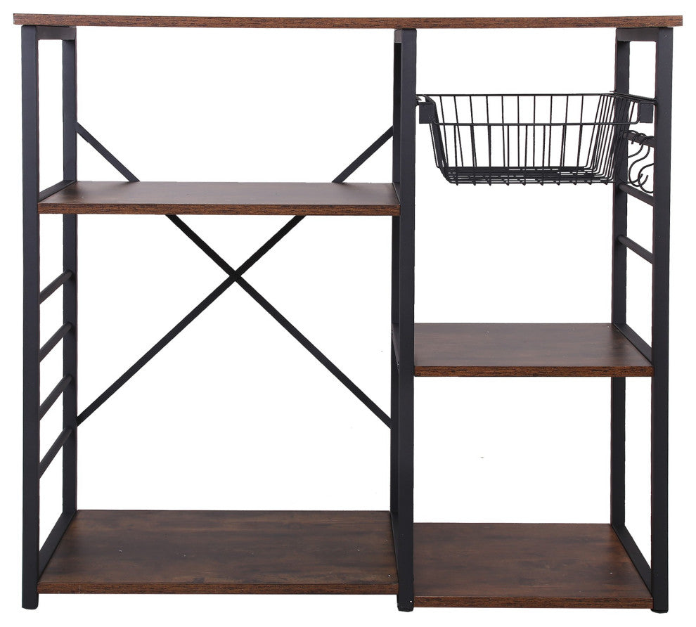 Wood and Metal Bakers Rack with 4 Shelves and Wire Basket, Brown and Black