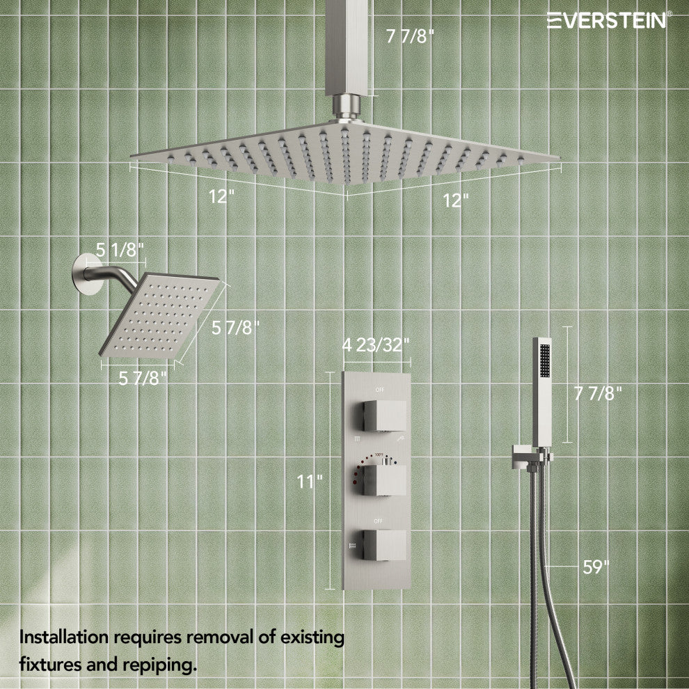 12" and 6" Dual Shower Heads With Themostatic Rough in-Valve, Brushed Nickel