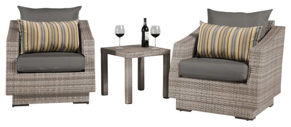 Cannes 3 Piece Sunbrella Outdoor Club Chairs and Side Table Set, Charcoal Gray