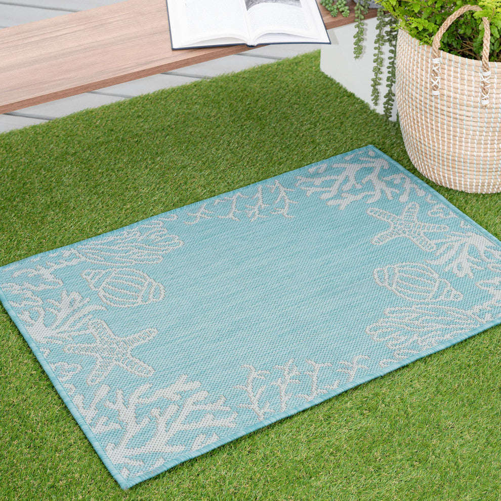 Biscayne Novelty Coastal Aqua/Cream Indoor/Outdoor Scatter Mat, 2'x3'