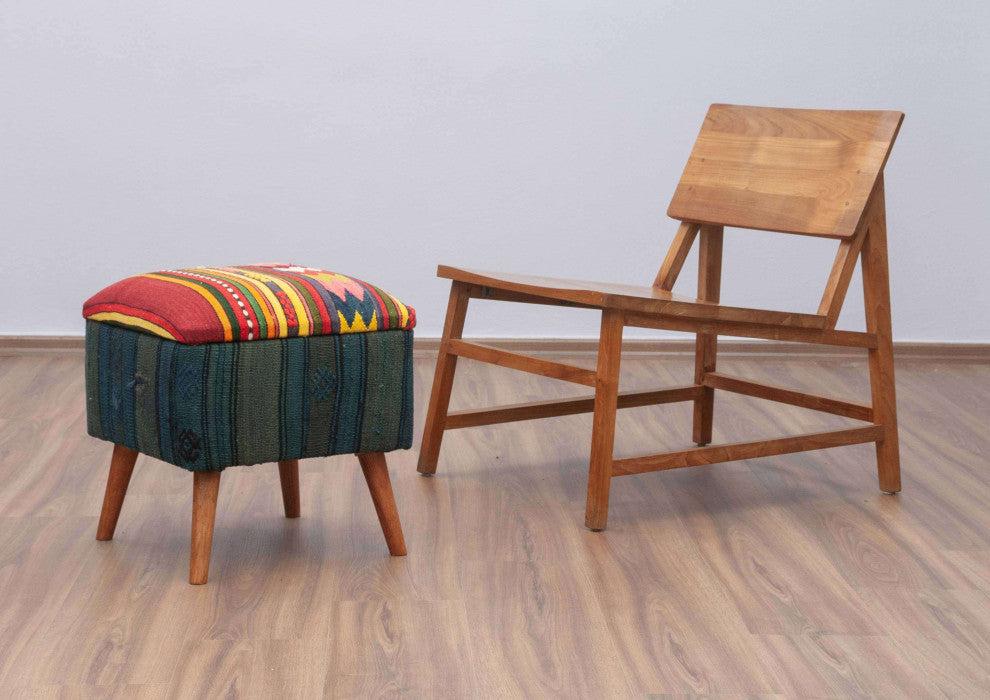 Stool Upholstered with Handwoven Kilim 16"x16"x18"