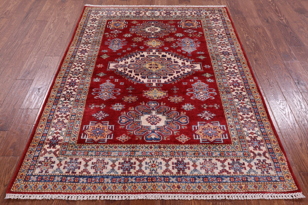 4' 10" X 6' 5" Geometric Super Kazak Handmade Wool Rug - Q12844