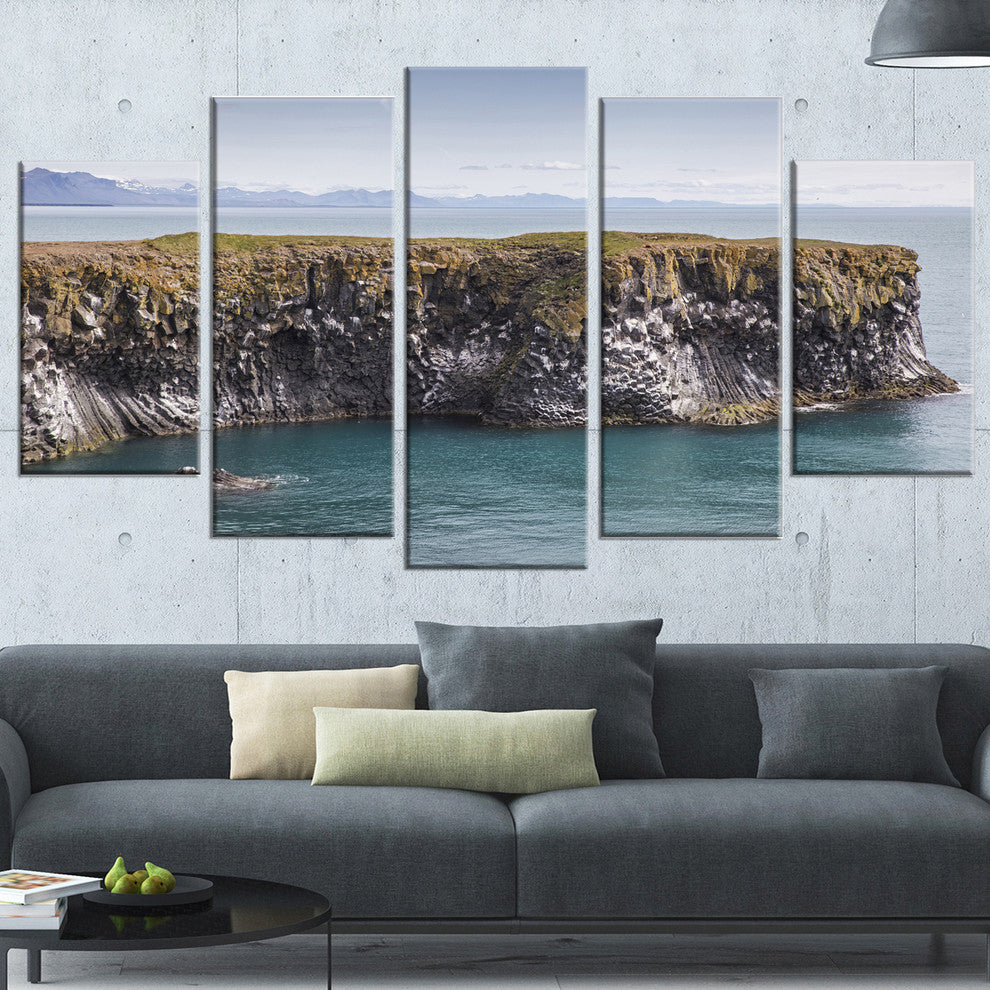 "Huge Rock in Coastline Panorama" Seashore Wall Art, 5 Panels, 60"x32"