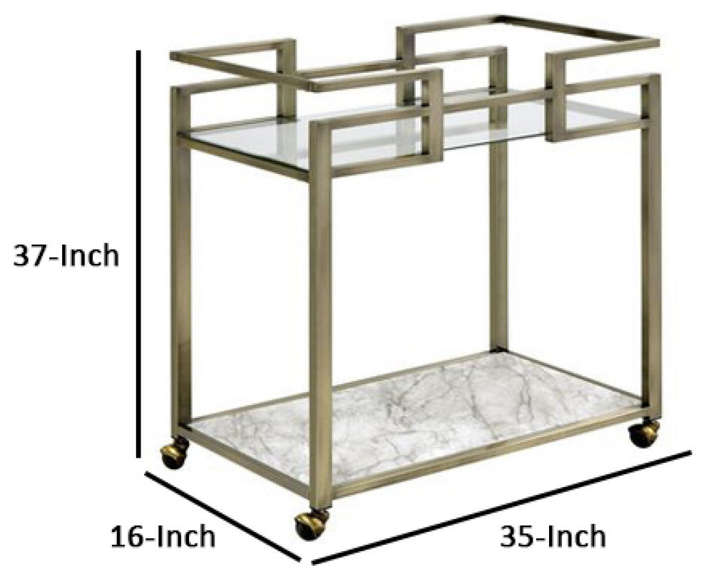 Benzara BM269069 2 Tier Serving Cart With Faux Marble and Metal Frame, Silver