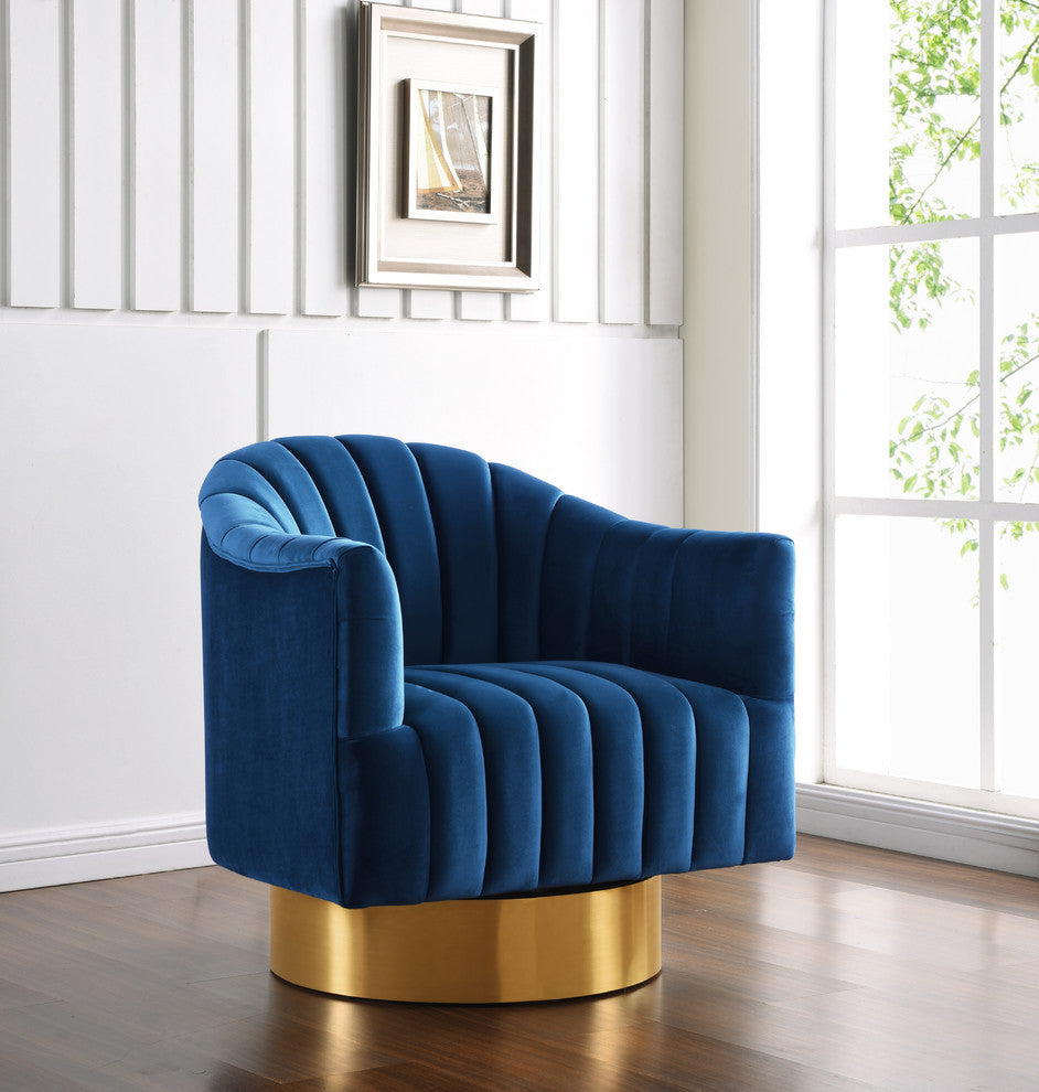 Farrah Velvet Upholstered Accent Chair, Navy, Gold Swivel Base