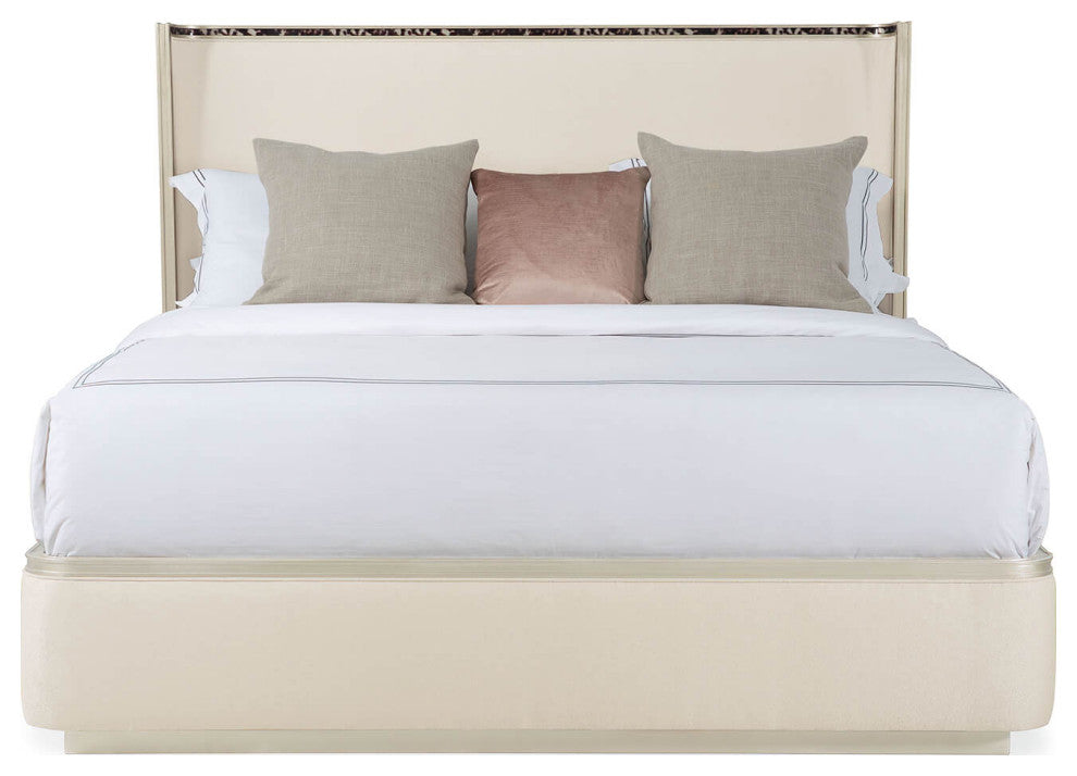 Art Deco Style Upholstered King Bed With Tortoise Inlay