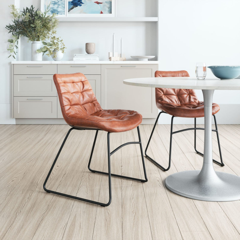 Dining Chair, Set of 2, Faux Vinyl Leather, Steel, Vintage Brown, Black, Cafe