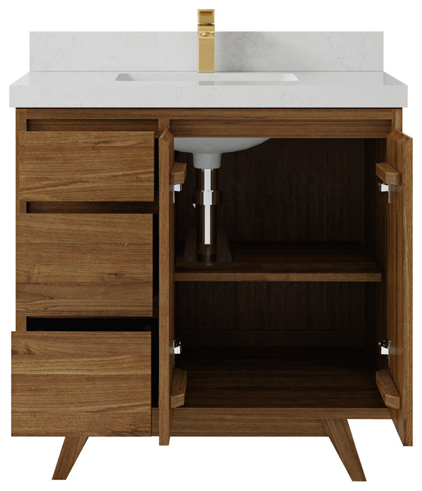 Madison Teak 36 Center Sink Bath Vanity in Dark Natural 2" Carrara Quartz