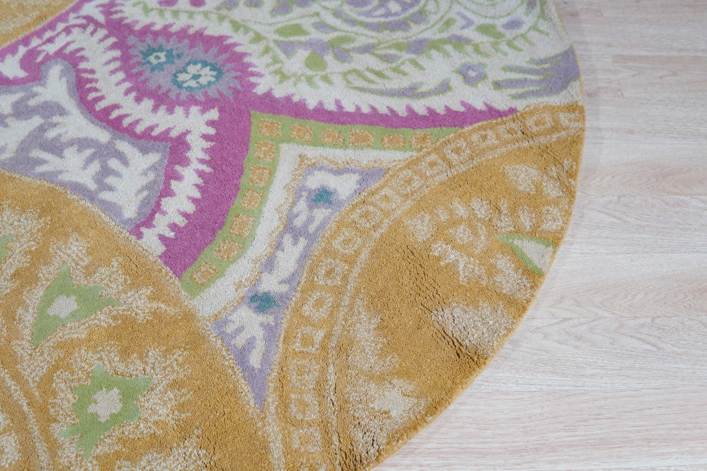 Hand-Tufted Wool Orange Transitional Floral Paisley Rug, 4' Round