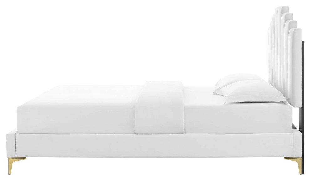 Platform Bed Frame, King Size, Velvet, White, Modern Contemporary, Bedroom