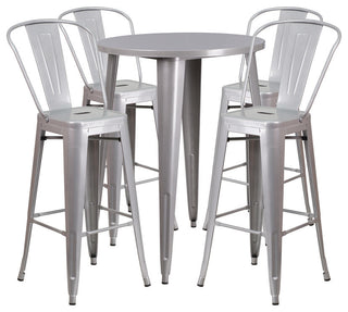 Flash Commercial Grade 30" Round Silver Metal Bar Table Set & 4 Cafe Stools
