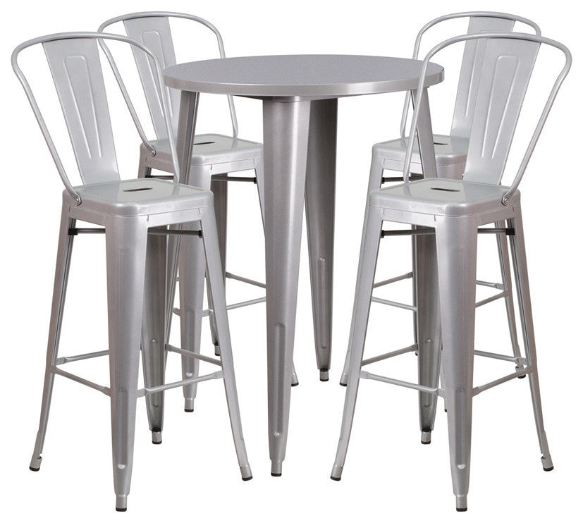 Flash Commercial Grade 30" Round Silver Metal Bar Table Set & 4 Cafe Stools