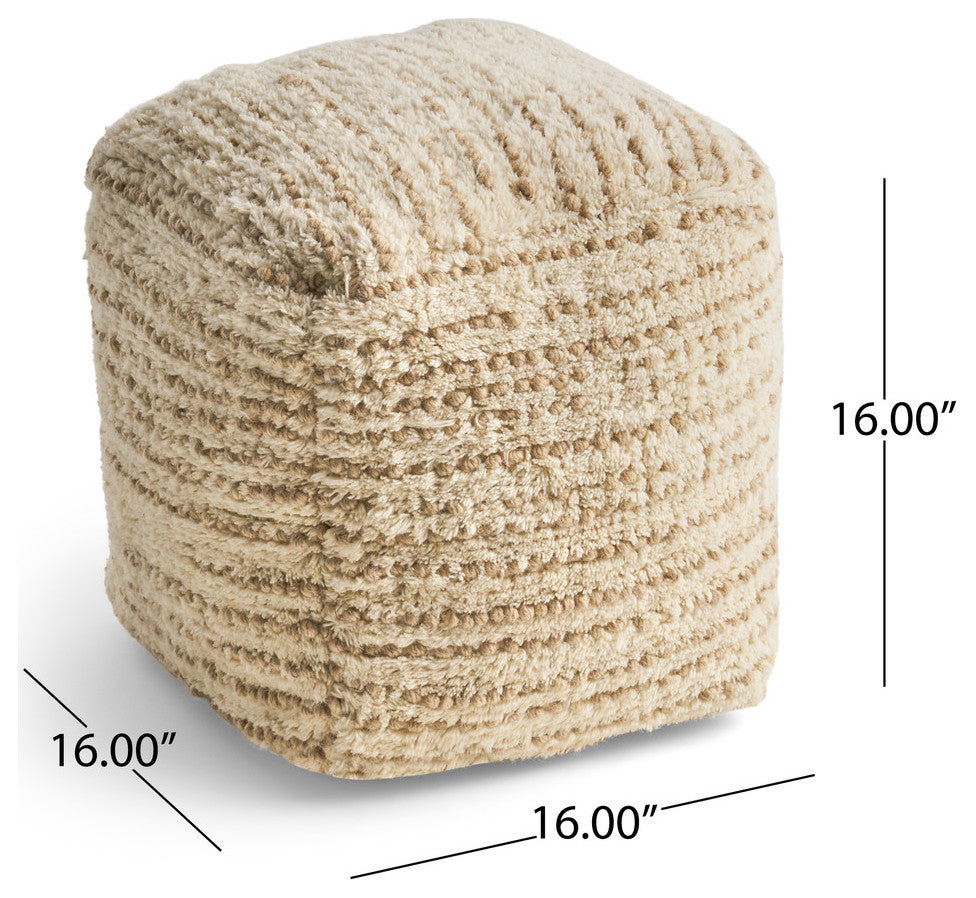 Leila Boho Wool and Cotton Ottoman Pouf, Ivory, Beige