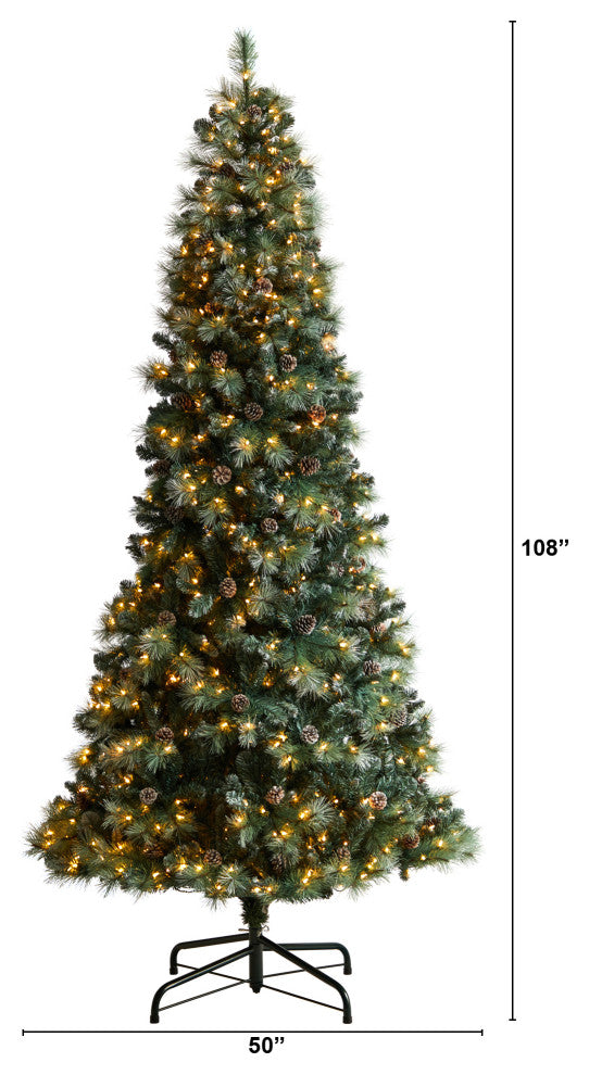 9' Frosted Tip British Columbia Mountain Pine Faux Xmas Tree W/Lights & Pinecone