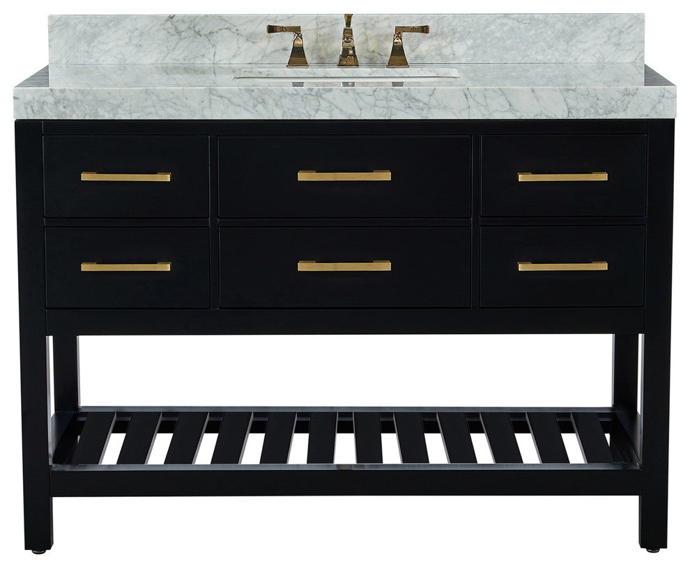 Elizabeth Bath Vanity, Black Onyx, 48", Gold Hardware, With Mirror