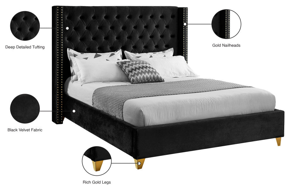 Barolo Velvet Upholstered Bed, Black, Full
