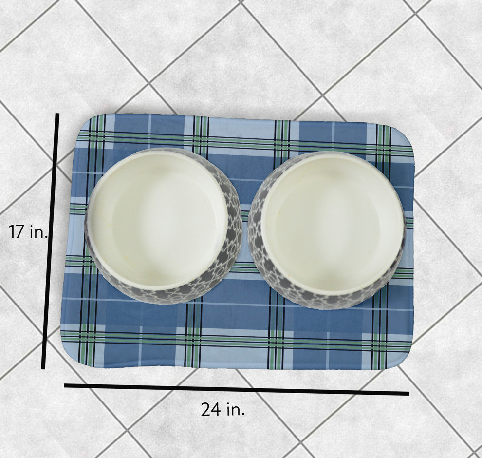 Blue Rectangular Scotish Plaid Pet Feeding Mat for Dogs or Cats