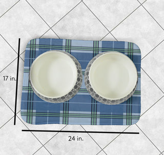Blue Rectangular Scotish Plaid Pet Feeding Mat for Dogs or Cats