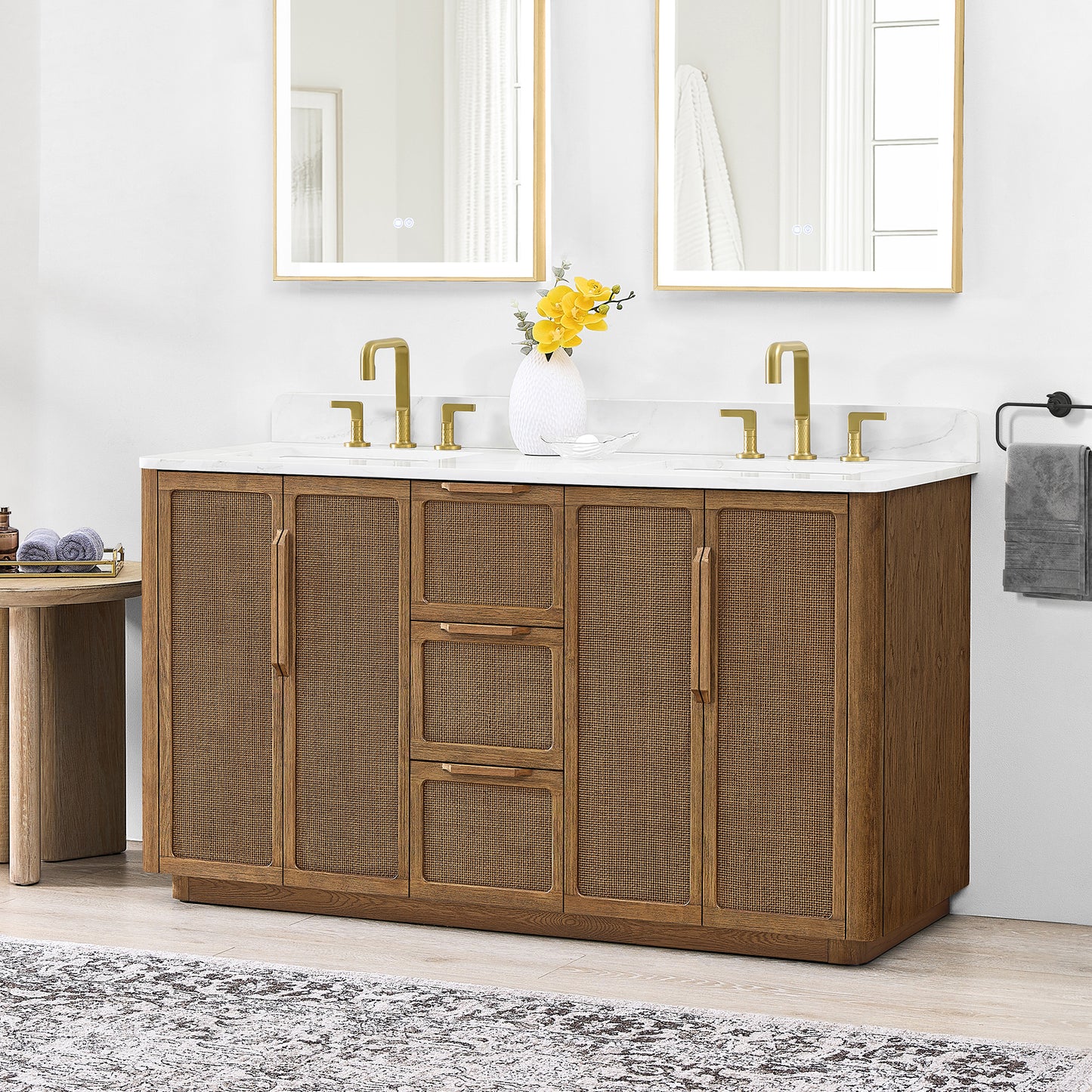 Busan Bath Vanity, Quartz Top No Mirror, Oak Classic Brown, 60", Double Vanity