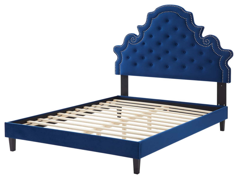 Tufted Platform Bed Frame, Twin Size, Velvet, Blue Navy, Modern Contemporary