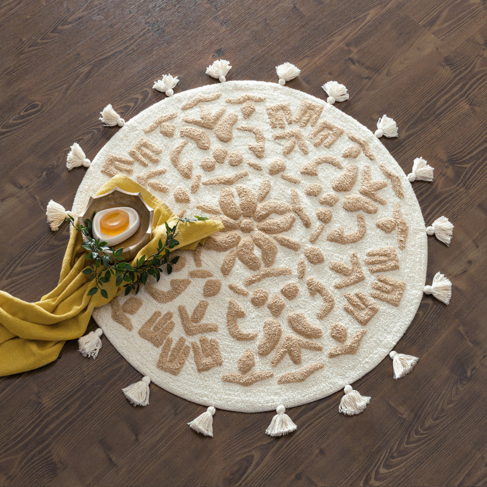 Cambridge Round Tufted Bath Mat With Tassels, Ivory/Beige