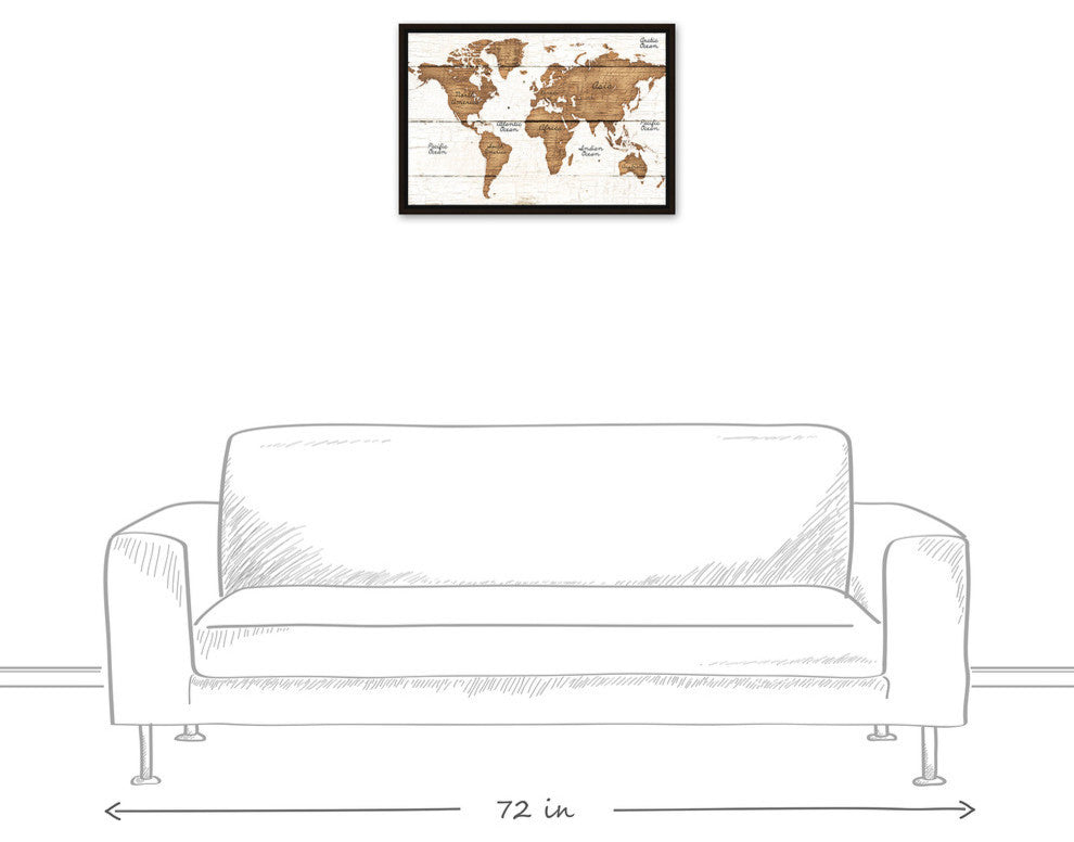 Distressed Wood World Map Walnut Floating Framed Canvas, 16"x24"