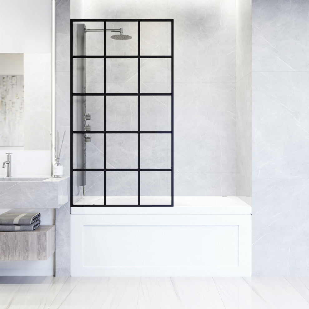 VIGO Mosaic Framed Fixed, Matte Black, Tub Screen, 34" W X 62" H, Clear Glass