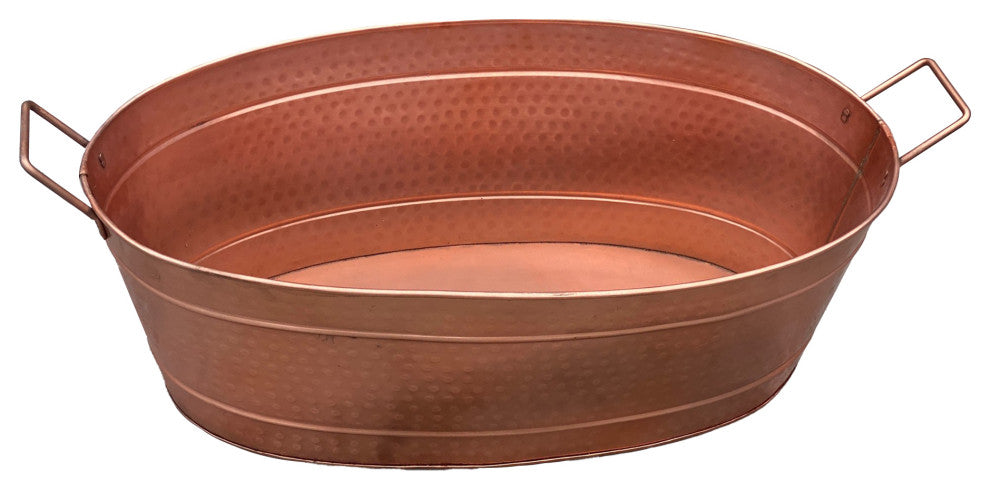 Benzara BM195214 Oval Hammered texture Metal Tub With 2 Side Handles, Copper