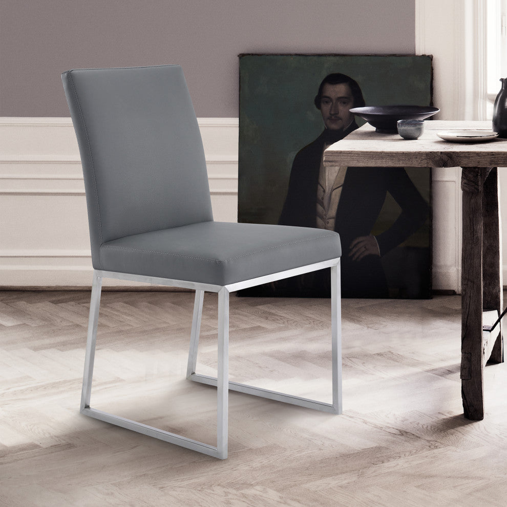 Mira Dining Chair, Gray Faux Leather, Set of 2, Brushed Stainless Steel
