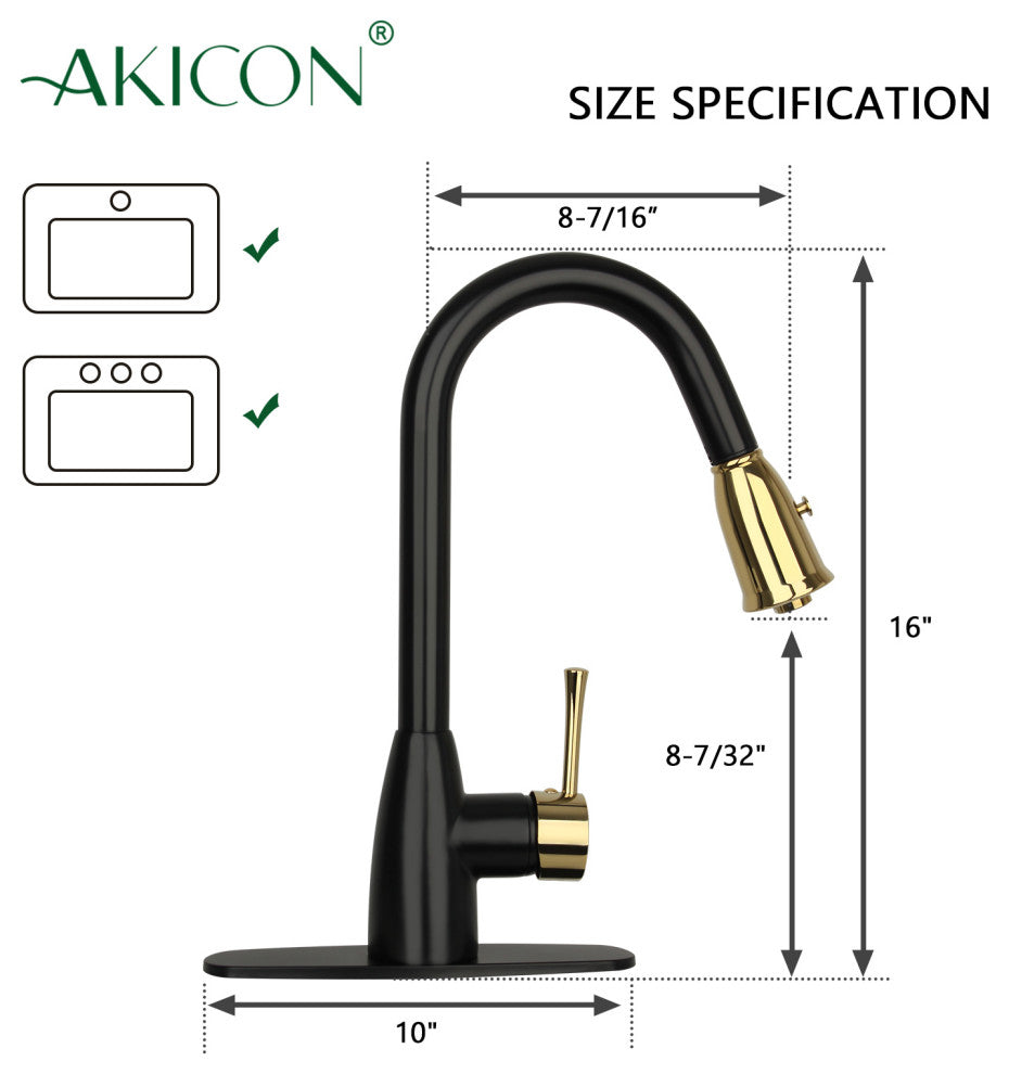 Pull Down Kitchen Faucet With Deck Plate, Two-Tone Matte Black and Gold