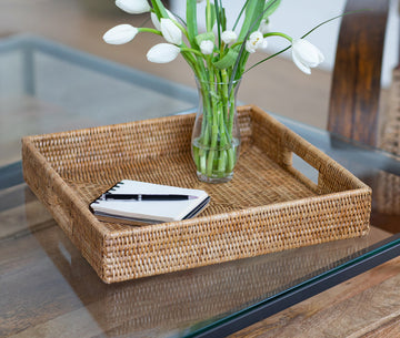 Artifacts Rattan™ Square Ottoman Tray with Cutout Handles, Honey Brown, 16"x16
