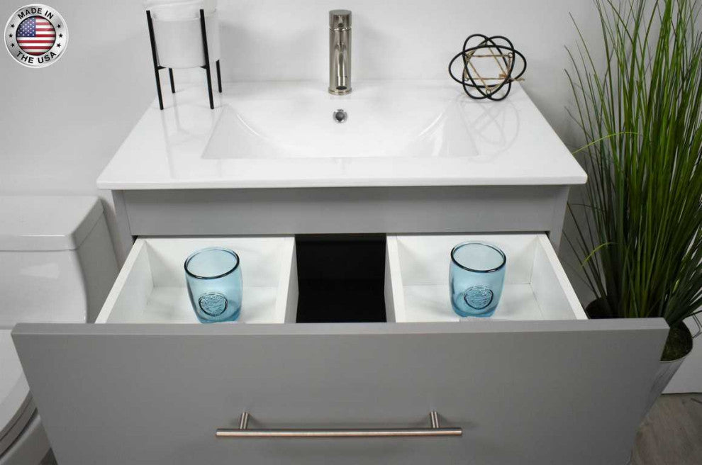 Napa 30" Modern Floating Bathroom Vanity With Ceramic Top and Round Handles, Gray