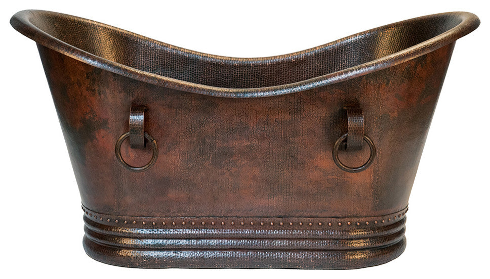 60" Hammered Copper Double Slipper Bathtub, Rings & Drain Package