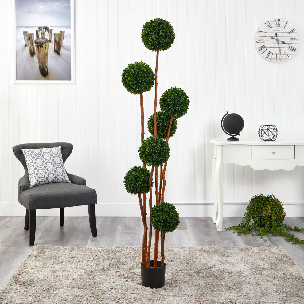 6' Boxwood Ball Topiary Faux Tree With Natural Trunk UV Resistant Indoor/Outdoor