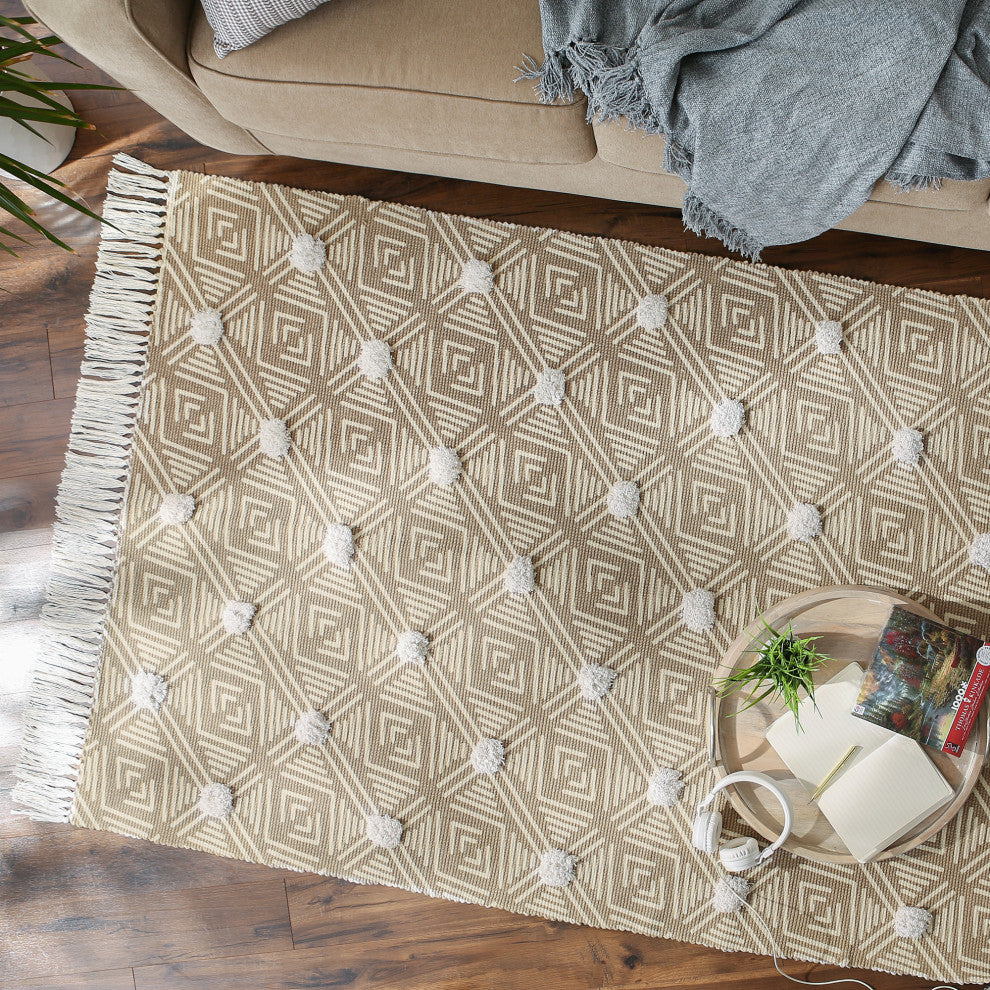 Stone Diamond Printed Off-White Hand-Loomed Shag Rug 4x6 ft.