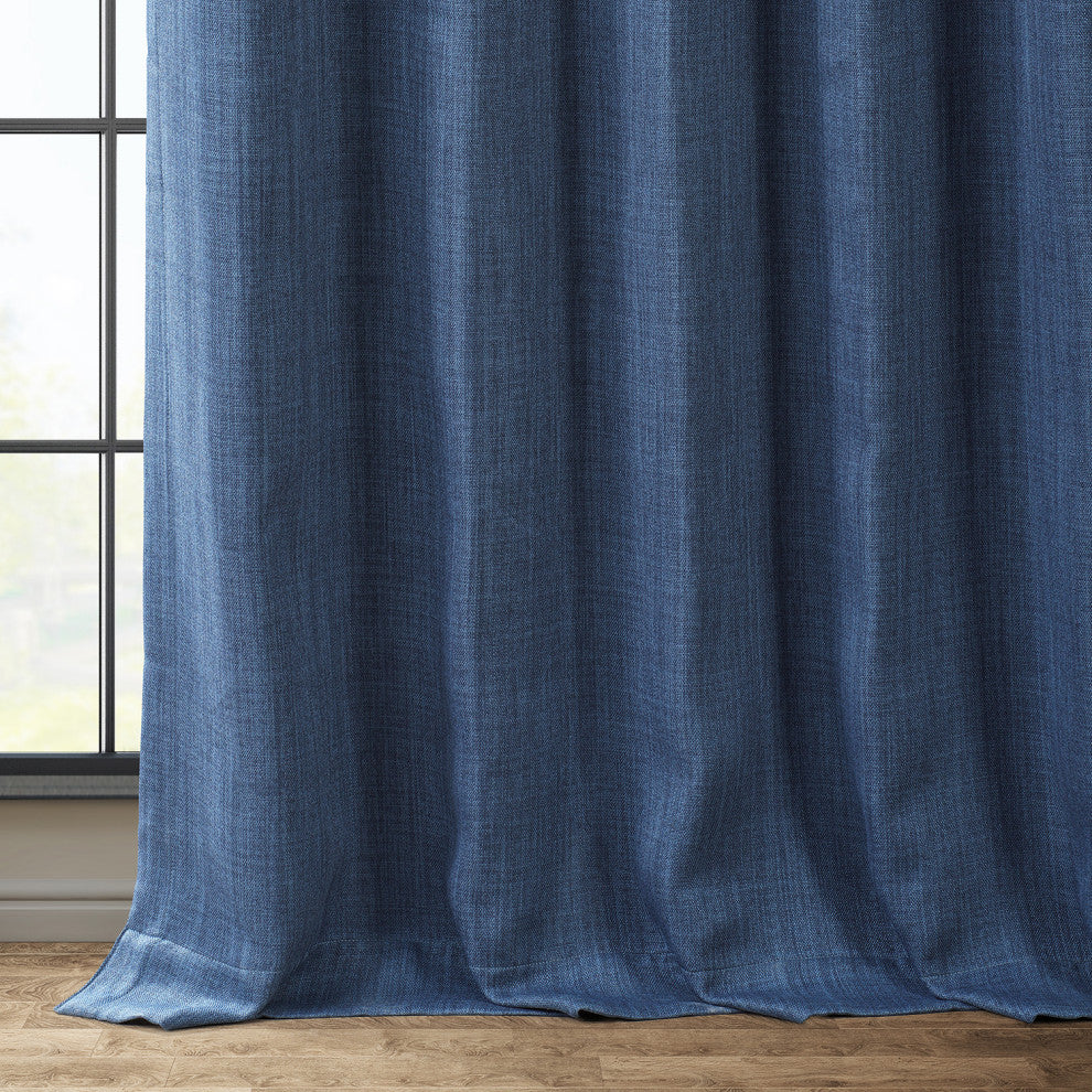 Faux Linen Darkening Curtain Single Panel, Denim, 50"x108"