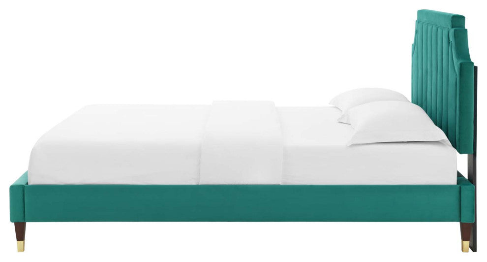Platform Bed Frame, King Size, Velvet, Teal Blue, Modern Contemporary, Bedroom