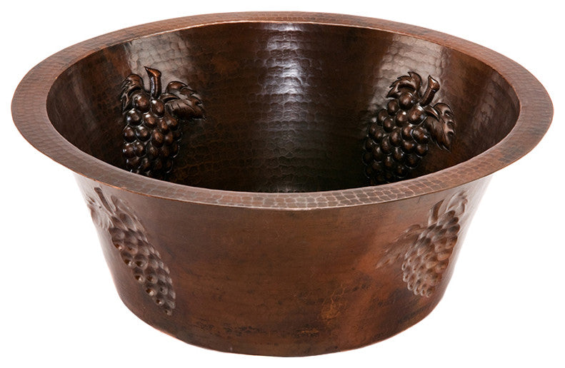16" Round Copper Prep Sink With Grapes and 3.5" Drain Opening