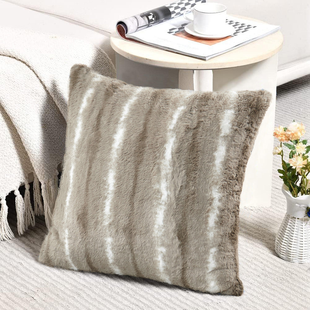 Amanda Stripe Faux Fur 2 Piece Pillow Shell Sets, Taupe Gray, 20"x20"