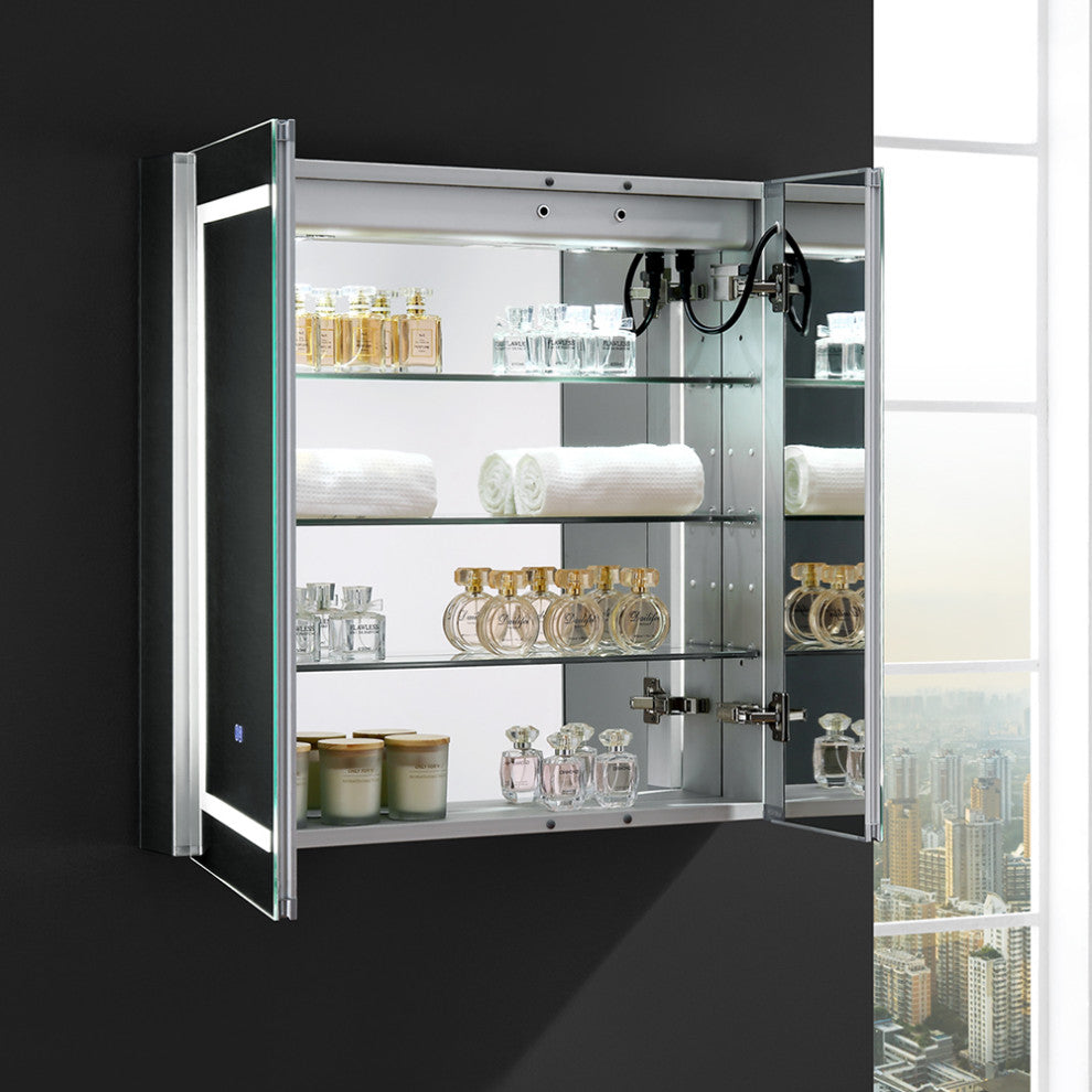 Spazio Bathroom Medicine Cabinet With LED Lighting and Defogger, 30"x30"