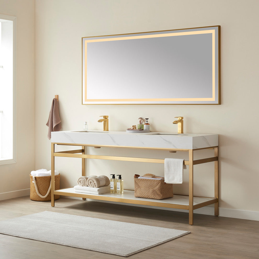 Funes Bath Vanity without Mirror, Brushed Gold Hardware, 72'', White Stone Top