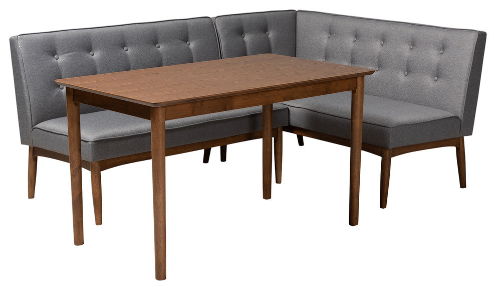 Marleen Mid-Century Modern Gray Fabric 3-Piece Wood Dining Nook Set